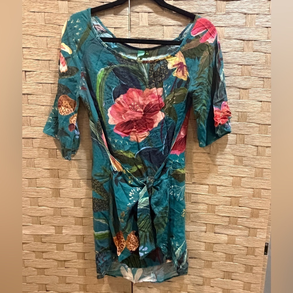 FARM RIO Floral Teal Dress with Tie Waist Size P XS EUC